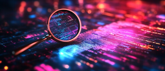 IT Security Risk Assessment concept, with a magnifying glass zooming in on a document, surrounded by an abstract technology background filled with circuit patterns