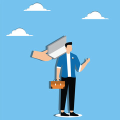 Increased burdens and pressures, pressures and responsibilities of work, burdens or problems of debt, hand holding a huge piece of iron on a businessman's shoulder