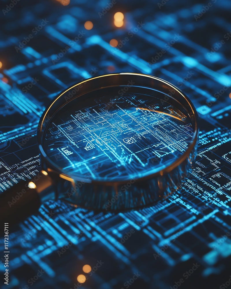 Poster it security risk assessment depicted with a magnifying glass on a document, framed by an abstract te
