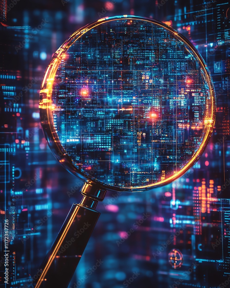 Poster it security risk assessment depicted with a magnifying glass on a document, framed by an abstract te