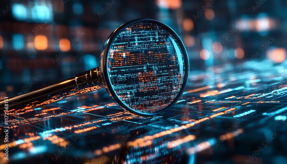 Poster it security risk assessment depicted with a magnifying glass on a document, framed by an abstract te