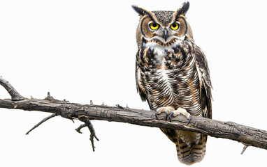 Obraz premium Elderly Owl Watching from a Branch on white background.PNG