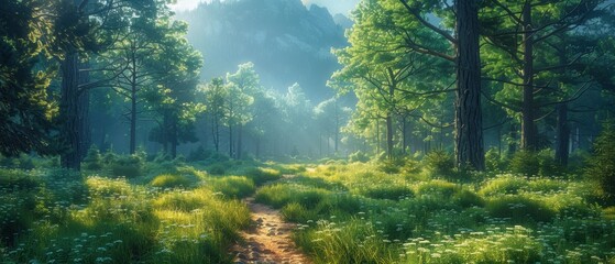 Serene Forest Path Sunlit Trail Lush Greenery Tranquil Nature Scene