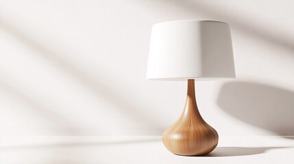 A warm, modern table lamp with a wood base and white shade is centered against a white backdrop