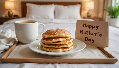 Pancakes with coffee for Mother's Day breakfast in cozy bedroom setting