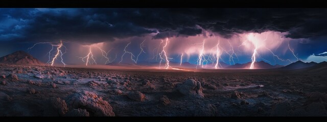 An awe-inspiring shot of the lightning storms over the Atacama Desert, with multiple strikes illuminating the barren landscape, Lightning storm scene