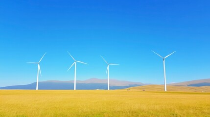 Fototapeta premium Scenic Rural Landscape with Four Wind Turbines Generating Clean Energy on Sunny Day