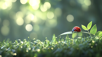Obraz premium ladybug rests on fresh green leaf, surrounded by soft sunlight and greenery