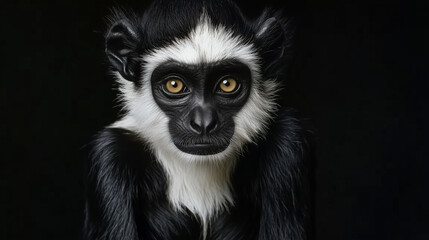 Fototapeta premium Portrait of a monkey with sharp black and white fur contrasts and piercing golden eyes on a black background