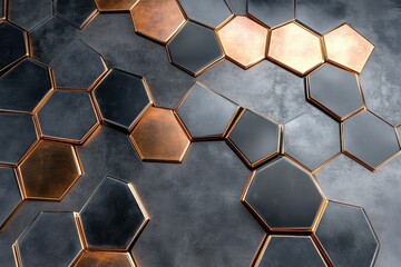 Modern Hexagonal Tile Design Featuring a Mix of Metallic and Dark Finishes in a Seamless Arrangement
