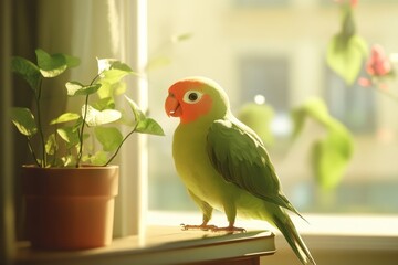 A green lovebird perches near a potted plant