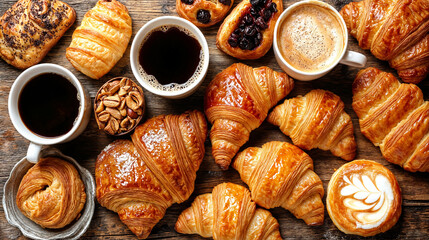 The image shows a wooden surface with a variety of freshly baked croissants, some with fillings like blueberries and nuts