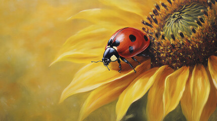Obraz premium red ladybug rests on sunflower petal, showcasing nature beauty