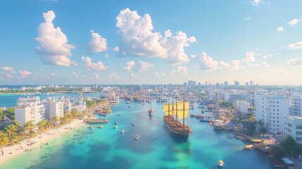 Fototapeta premium Aerial View of Coastal City with Sailboats and Turquoise Waters on a Sunny Day