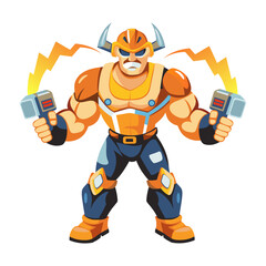 A flat illustration of an energetic superhero character 

