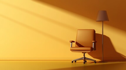 Modern office chair and lamp in bright yellow interior space