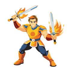 A flat illustration of a gaming character holding flaming swords    © Vectors Market