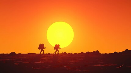 Fototapeta premium Silhouetted Astronauts Exploring Alien Planet at Sunset Dramatic Space Exploration Scene