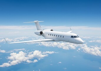 Obraz premium Realistic photo of White Luxury generic design private jet flying over the earth. Empty blue sky with white clouds at background. Business Travel Concept. Horizontal. 3d rendering 