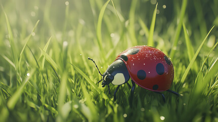 Obraz premium vibrant ladybug crawls on fresh green grass, showcasing nature beauty