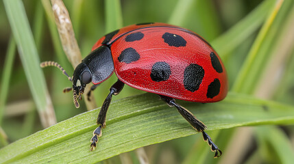 Naklejka premium vibrant red ladybug with black spots rests on green leaf, showcasing nature beauty