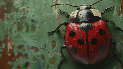 vibrant red ladybug with glossy black spots on textured green surface