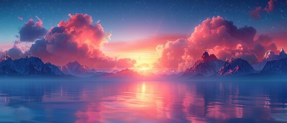 Fototapeta premium Serene Sunset Pink Clouds Mountains Lake 8K Landscape