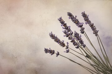 A rustic lavender composition featuring stems and blossoms in natural watercolor tones.