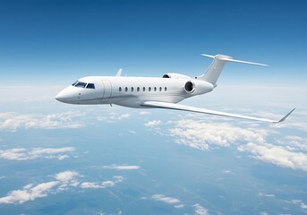 Obraz premium Realistic photo of White Luxury generic design private jet flying over the earth. Empty blue sky with white clouds at background. Business Travel Concept. Horizontal. 3d rendering 