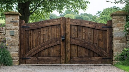 Obraz premium Rustic wooden gate made from reclaimed timber, featuring natural textures and weathered detailing