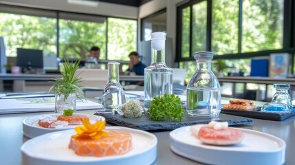 Modern Office Culinary Experiment Food Styling with Glassware and Plants