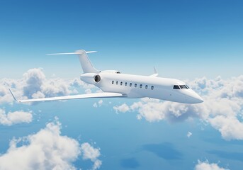 Obraz premium Realistic photo of White Luxury generic design private jet flying over the earth. Empty blue sky with white clouds at background. Business Travel Concept. Horizontal. 3d rendering 
