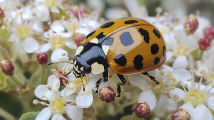 Fototapeta premium Close up macro of ladybug on fresh blossom, showcasing vibrant colors