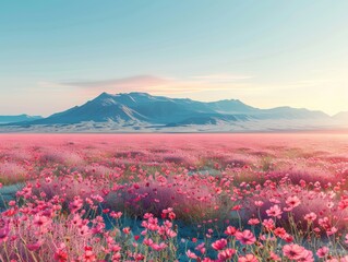 Obraz premium Pink Flower Field Landscape Serene Sunset Mountains 8K Ultra HD