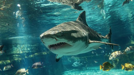 Obraz premium Powerful tiger shark swimming underwater in aquarium, surrounded by smaller fish.