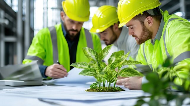 Engineers Collaborating on Green Project with Plant on Blueprints