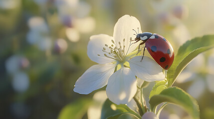 Close up of ladybug on blooming white apple flower, showcasing nature beauty