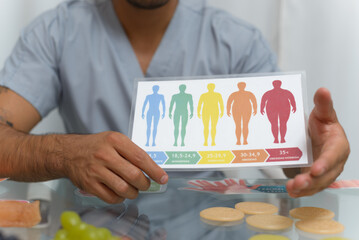 Nutritionist showing body mass index chart to a patient. Text in Spanish.