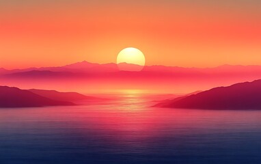 Vibrant sunset over tranquil ocean and mountains.
