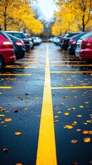 Wet asphalt parking lot with yellow lines, autumn leaves, and parked cars on a cloudy day.