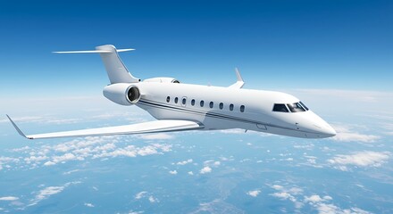 Fototapeta premium Realistic photo of White Luxury generic design private jet flying over the earth. Empty blue sky with white clouds at background. Business Travel Concept. Horizontal. 3d rendering 