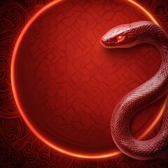 Fototapeta premium Chinese new year (Snake year) background. Dark red snake coiled against a circular background, creating an intense and mysterious atmosphere.