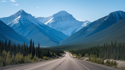 A quiet highway winds through the vast Canadian Rockies.