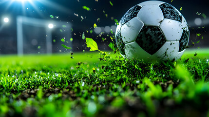 Naklejka premium A soccer court in a large space with a ball next to a goal that is clearly marked. Modern lighting enhances the scene, perfect for sports promotions, team events, or training visuals