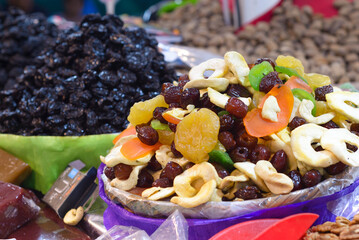Dried fruits for sale at a street market in Mexico.