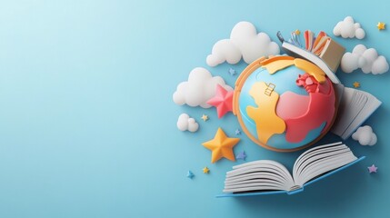 Global Education: A Whimsical 3D Render of Books, Globe, and Stars Representing Worldwide Learning and Knowledge