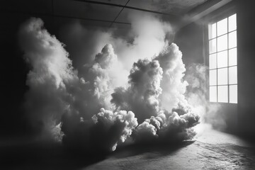 Voluminous white smoke clouds spreading slowly, creating a soft, dreamy aesthetic in a dark room.