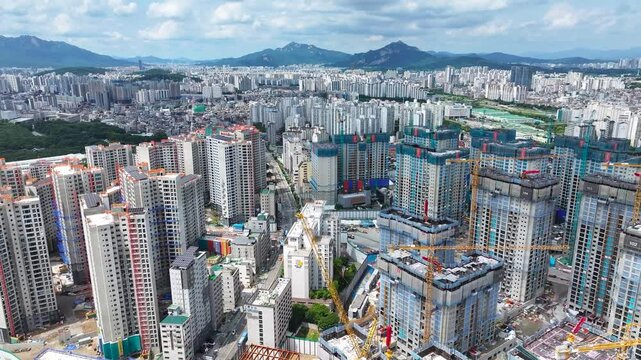 Asia, seoul, south korea, raemian la grande, i-mun i-park xi apartment construction site, aerial view.