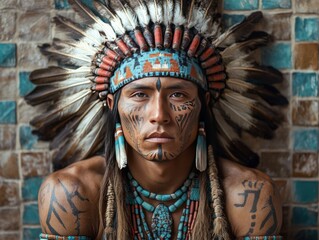 Obraz premium Portrait of a person adorned with traditional attire and accessories, showcasing cultural heritage.