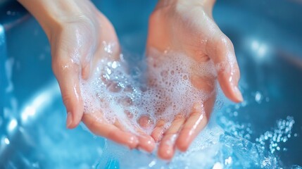 Fototapeta premium Close-up of caucasian young female hands washing with soap and water